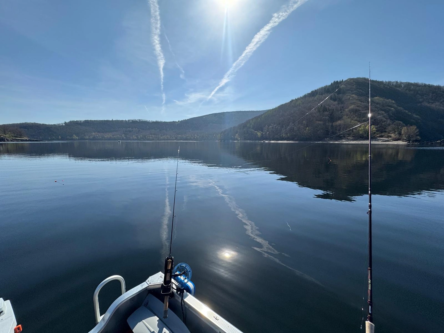 Fischerei-Pächtergemeinschaft Rursee e.V. - Nachhaltige Sportfischerei und Umweltschutz - Ein malerischer Blick auf einen ruhigen See an einem sonnigen Tag, aufgenommen von einem Fischerboot aus, mit zwei über das Wasser ausgestreckten Angelruten.