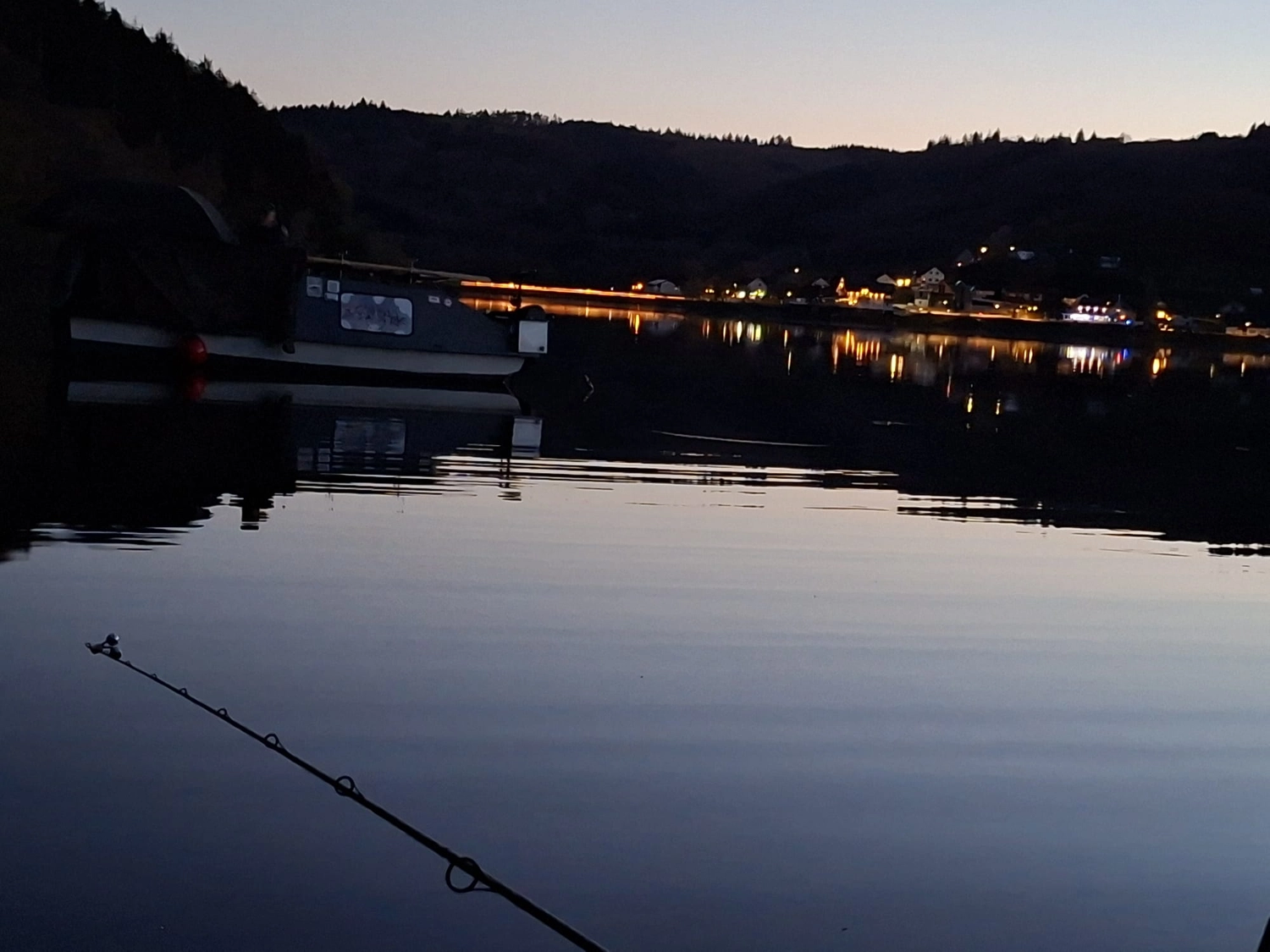 Fischerei-Pächtergemeinschaft Rursee e.V. - Nachhaltige Sportfischerei und Umweltschutz - Eine Angelrute ragt in stilles Wasser, das in der Abenddämmerung eine ferne, beleuchtete Küstenlinie spiegelt.