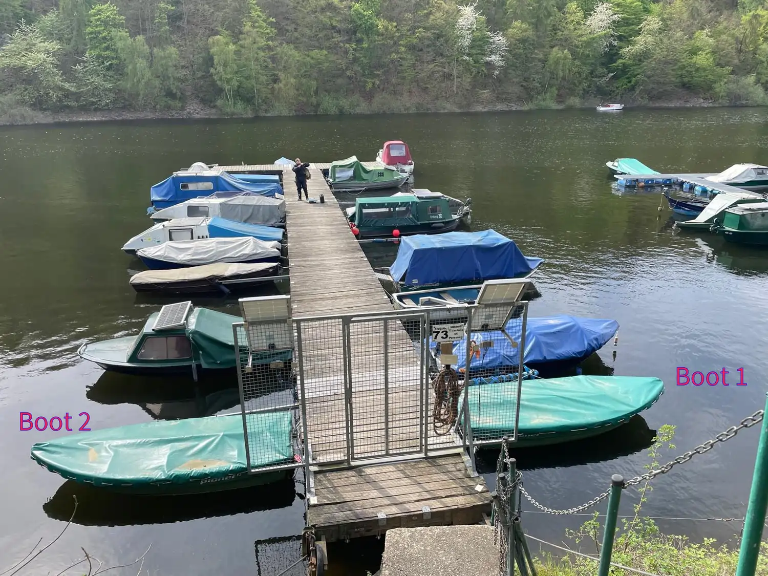 Fischerei-Pächtergemeinschaft Rursee e.V. - Nachhaltige Sportfischerei und Umweltschutz - Ein hölzerner Steg mit einem Tor am Eingang erstreckt sich in einen ruhigen Fluss, der von üppig grünen Bäumen gesäumt ist und auf beiden Seiten mehrere kleine, überdachte Boote sichert.