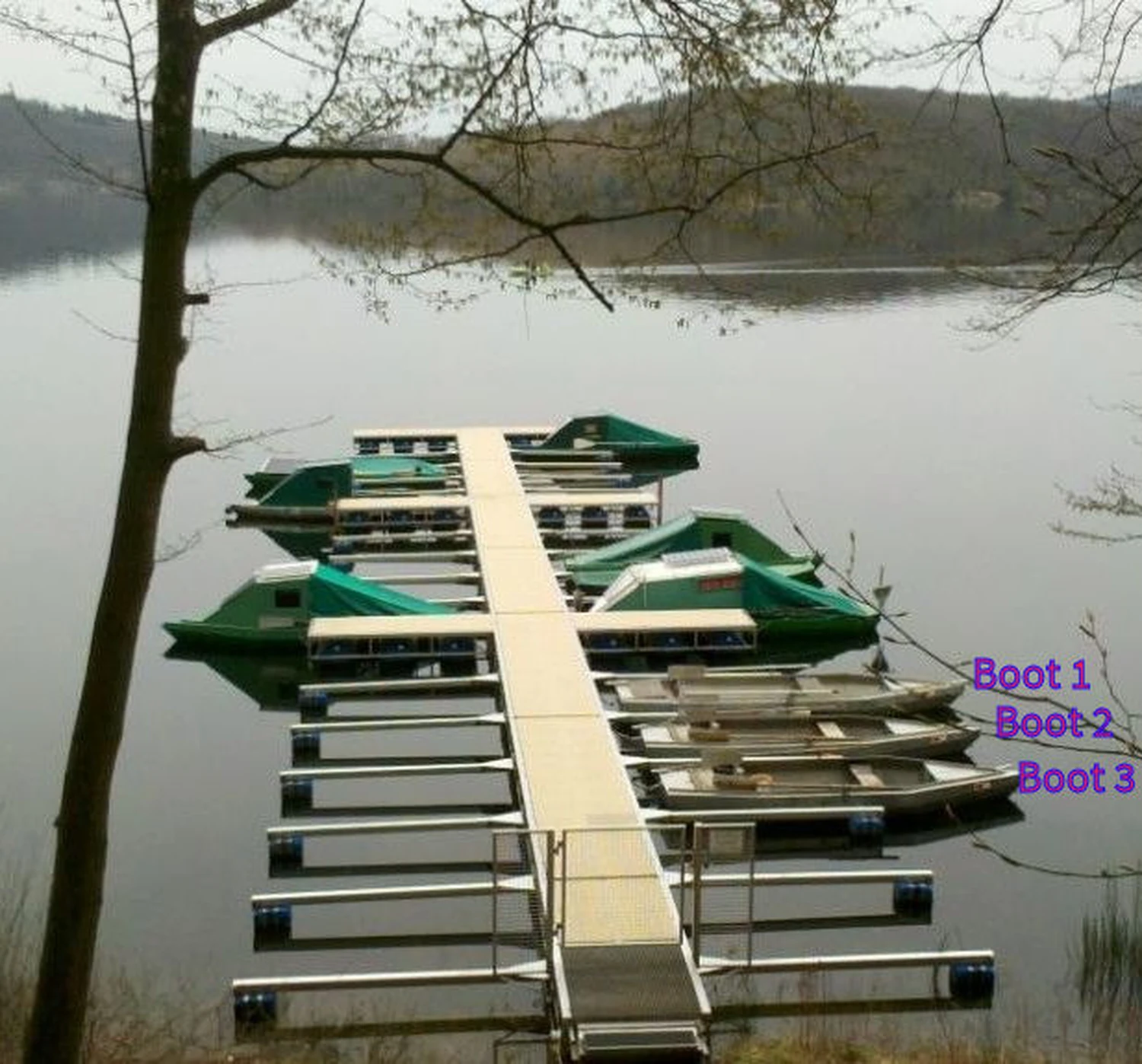 Fischerei-Pächtergemeinschaft Rursee e.V. - Nachhaltige Sportfischerei und Umweltschutz - Ein langer, hellfarbiger Schwimmsteg erstreckt sich in einen ruhigen See hinein, an dessen Seiten mehrere grün abgedeckte Boote und drei offene, silberne Aluminiumboote (mit der Aufschrift „Boot 1“, „Boot 2“ und „Boot 3“) vertäut sind.
